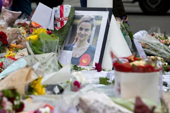 A memorial to murdered Labour MP, Jo Cox outside the Houses of Parliament in London on June 20, 2016.