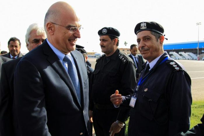 Greek Foreign Minister Nikos Dendias landed briefly at Benghazi airport in eastern Libya to meet representatives of strongman Khalifa Haftar's administration