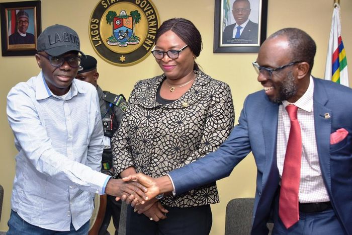 L-R: Lagos State Governor, Mr Babajide Sanwo-Olu; Solicitor General & Permanent Secretary, Lagos State Ministry of Justice, Ms. Titilayo Shitta-Bey and Vice-Chancellor, Lagos State University (LASU), Mr Olanrewaju Fagbohun during the signing of a Build...