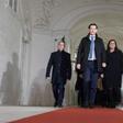Kurz, shown here arriving for the last round of coalition talks on Wednesday, said the two parties would 'protect the climate and borders'