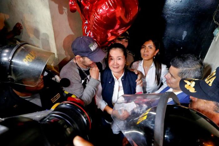 Keiko Fujimori (C) is pictured in November 2019 after her release from pre-trial detention on corruption allegations