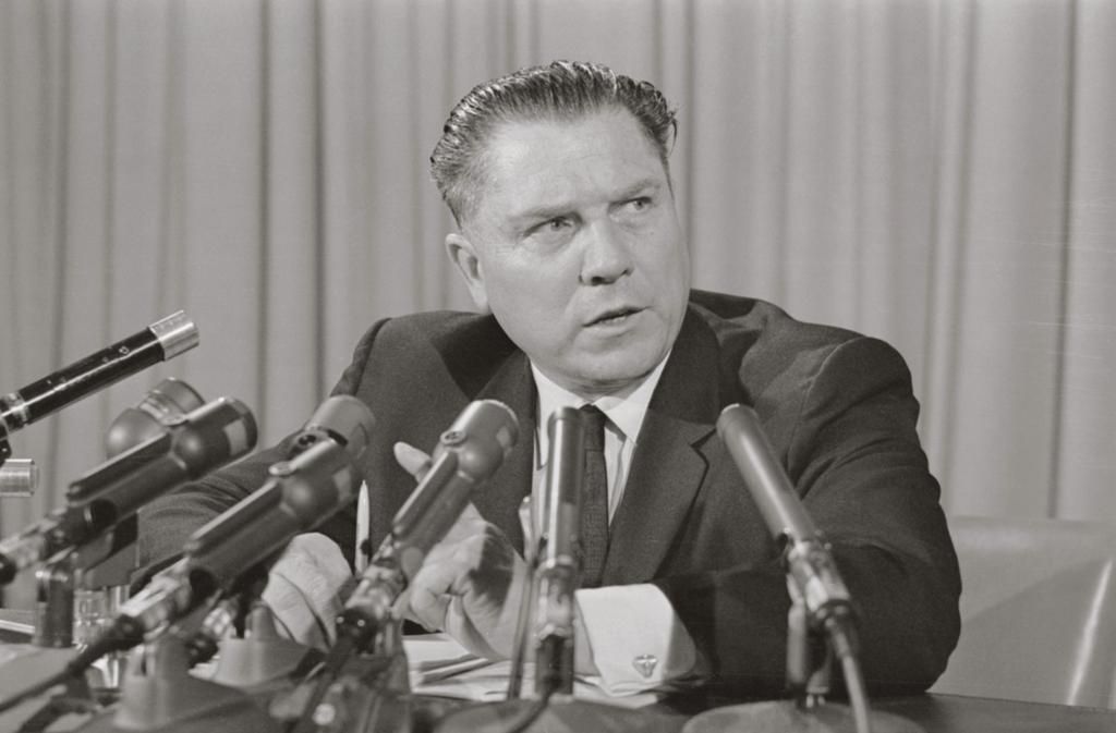 Jimmy Hoffa speaking at a press conference in 1963.