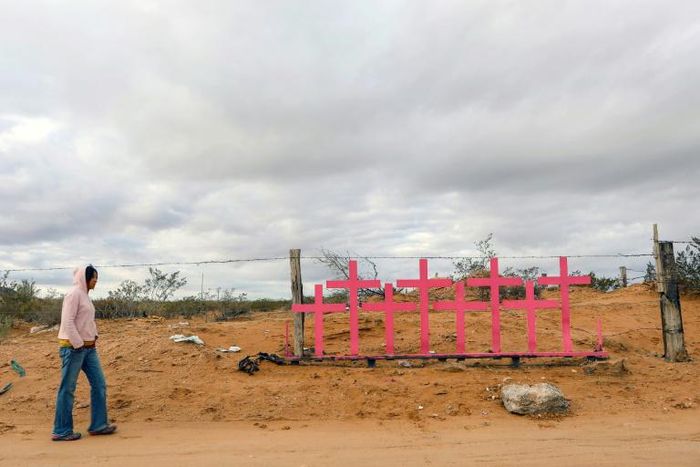 A woman walks near pink crosses placed in memory of eight murdered women at Lomas de Poleo, in Ciudad Juarez -- once dubbed the "murder capital of the world"