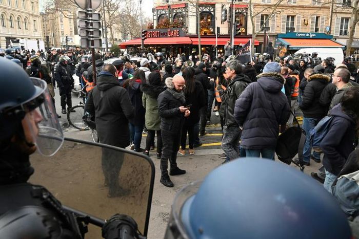 Striking workers demonstrated at the Gare de Lyon train station in Paris against the govenrment's proposed pension overhaul