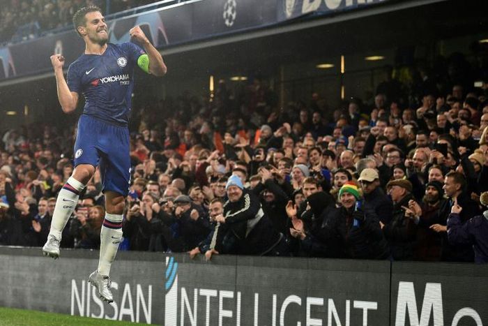 Hail Cesar: Cesar Azpilicueta celebrates his goal against Lille as Chelsea reached the Champions League last 16