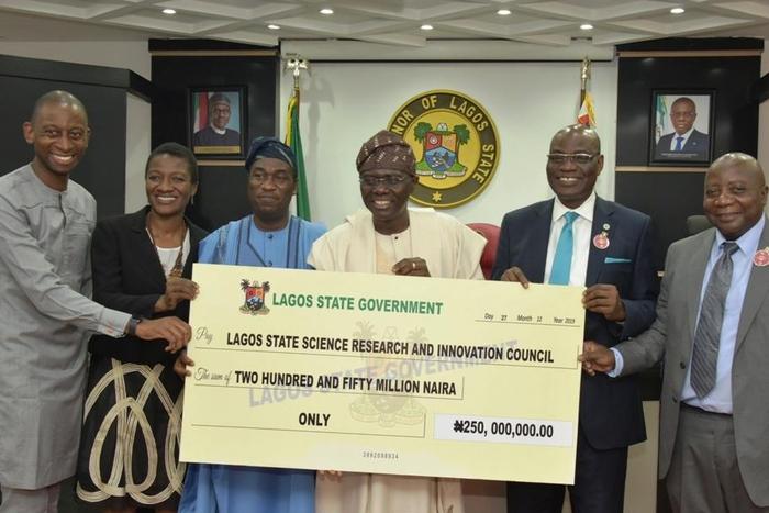 R-L: Commissioner for Science and Technology, Mr Hakeem Fahm; Vice Chancellor, University of Lagos, Prof. Toyin Ogundipe; Lagos State Governor, Mr Babajide Sanwo-Olu; his deputy, Dr Obafemi Hamzat; Member, Lagos State Science Research and Innovation Co...