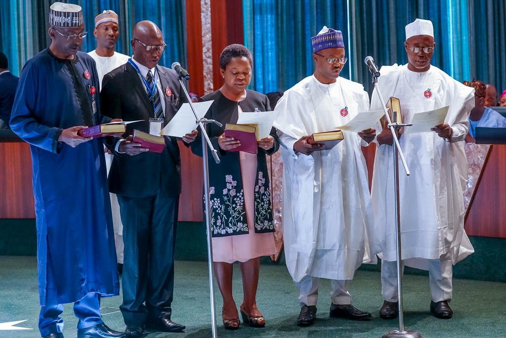 President Muhammadu Buhari swears-in Ngige’s wife, eight others as Permanent Secretaries. [Twitter/@NigeriaGov]