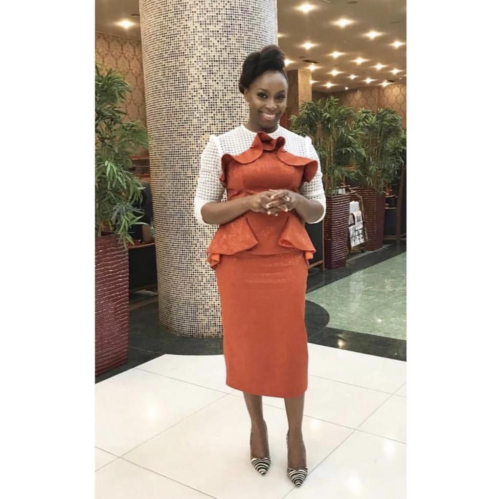 Chimamanda wears dress by The Lady Maker for the Purple Hibiscus Trust Literary Evening, December 2018