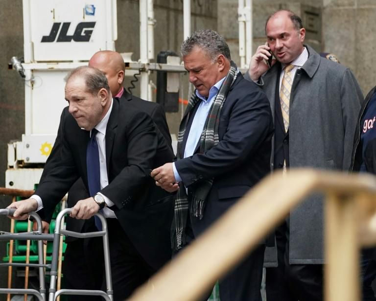 Disgraced Hollywood mogul Harvey Weinstein leaves a court hearing in New York using a walking frame
