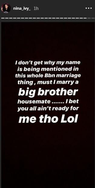 It appears former BBNaija housemate, Nina has become the famous tortoise who appears in every story as she wonders why Khafi and Gedoni's engagement is drawing a lot attention to her. [Instagram/NinaIvy]