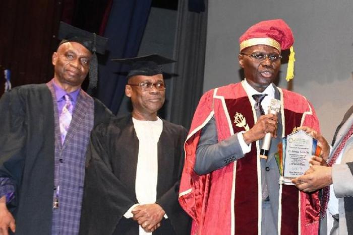From Left, Dean Faculty of Engineers, Prof. Funsho Falade; Chairman Unilag Alumni Association, Prof. Titi Omo-Ettu; Guest Speaker, Gov. Babajide Sanwo-Olu of Lagos State, Chairman of the occasion, Former Unilag Vice Chancellor, Prof. Oyewusi Obe and Ch...