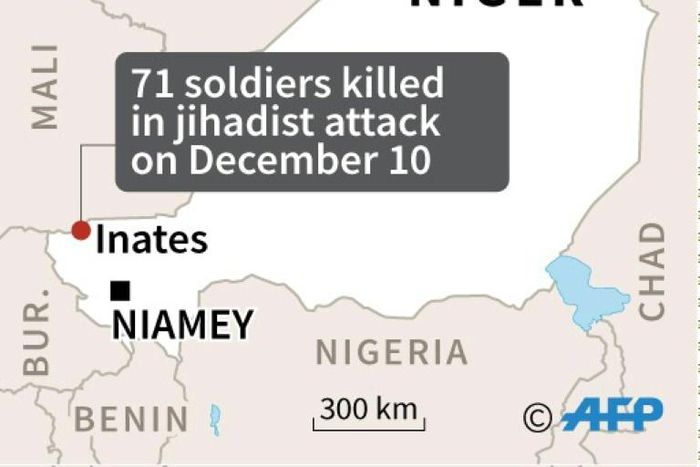 Map of Niger locating the jihadist attack on a military camp that killed at least 71 soldiers on Tuesday.