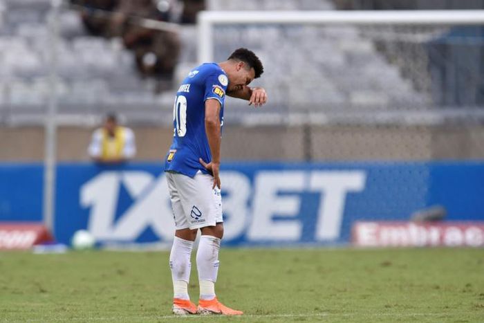 Brazil's Cruzeiro player Marquinhos Gabriel reacts during the Brazilian Championship football match against Palmeiras, in Belo Horizonte, Brazil, on December 8, 2019.Cruzeiro, one of the great clubs in Brazil, reached the last day of the Brasileirao in...