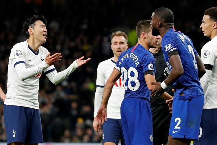 Tottenham Hotspur's Son Heung-Min talks with Chelsea defender Antonio Rudiger after the two players clashed