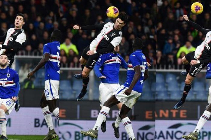 Juventus Portuguese forward Cristiano Ronaldo jumps above Sampdoria's Italian defender Nicola Murru to score a header during the Serie A match