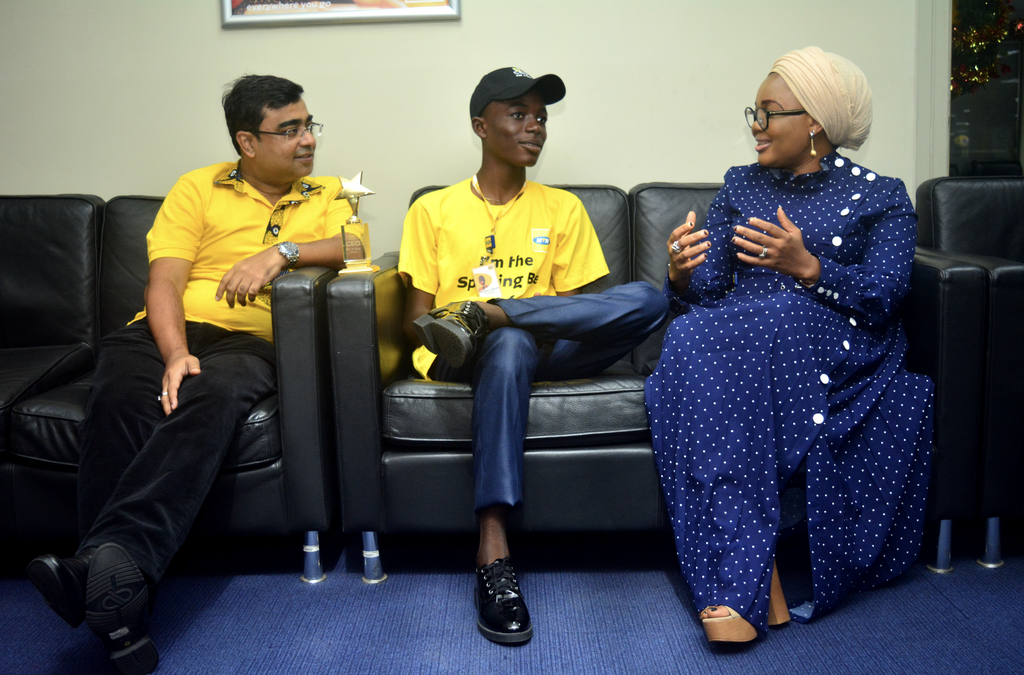 L-R: Chief Marketing Officer, MTN Nigeria, Rahul De; First One-day Kid-CEO, MTN Nigeria, Ademuwa Ifeoluwa; and Acting Chief Human Resources Officer, MTN Nigeria, Kemi Adisa  at MTN Plaza, Ikoyi, Lagos, during Ademuwa’s day as the Kid-CEO