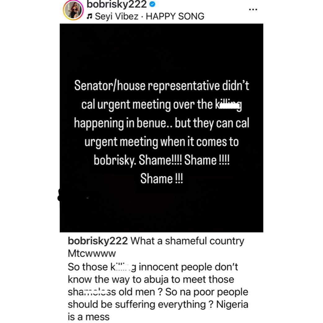 Benue Killings: Bobrisky calls out Senators as ‘shameless’