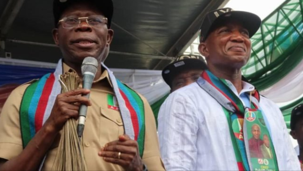 (Left) The National Chairman of the ruling All Progressives Congress (APC), Adams Oshiomhole asks INEC to conduct a fresh governorship election in Bayelsa state after the Supreme Court nullified the election of his party's candidate, David Lyon (Right)...