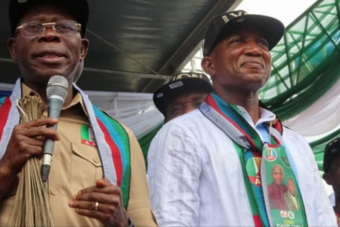 (Left) The National Chairman of the ruling All Progressives Congress (APC), Adams Oshiomhole asks INEC to conduct a fresh governorship election in Bayelsa state after the Supreme Court nullified the election of his party's candidate, David Lyon (Right)...