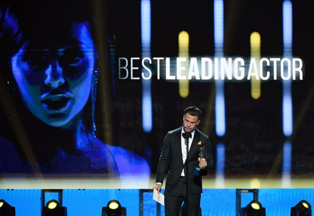 Seth Gamble accepts the award for Best Leading Actor during the 2020 Adult Video News Awards.