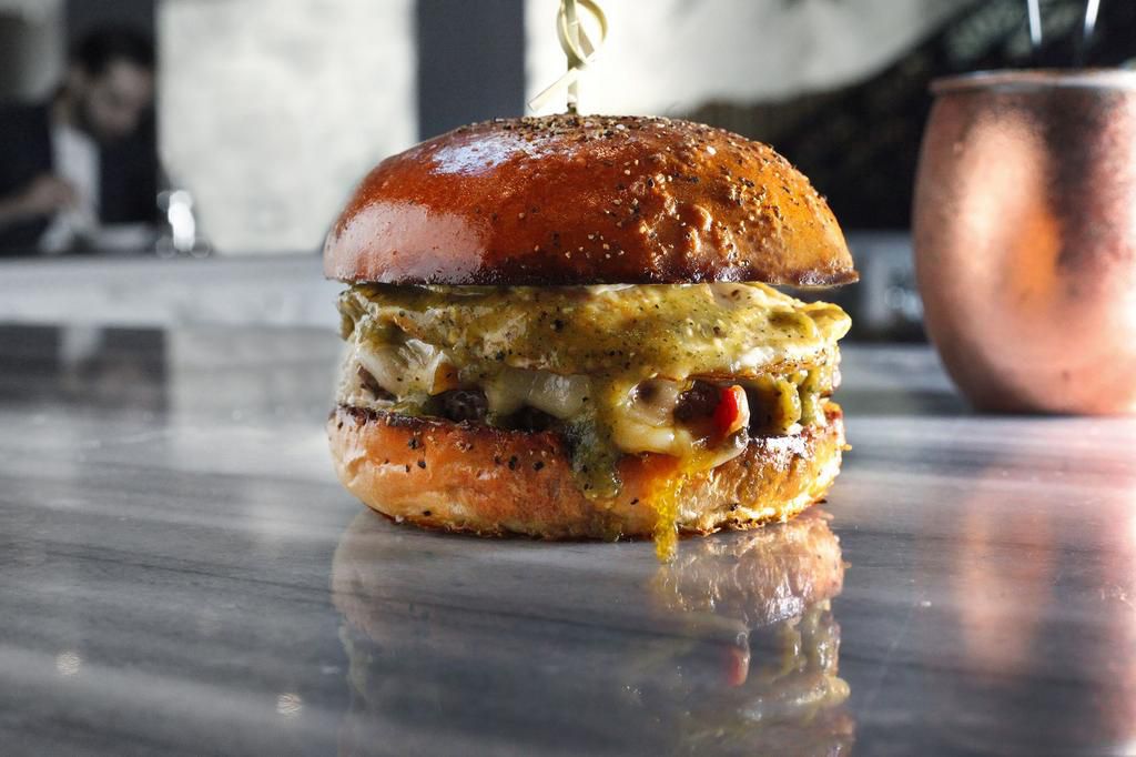 Close-up of burger on table