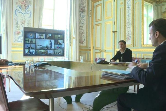 French President Emmanuel Macron takes part in a videoconference with European leaders to try to find a common response to the coronavirus crisis