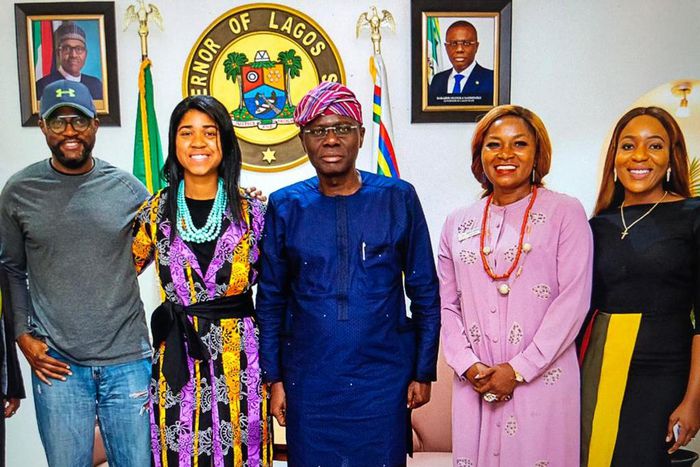 (L-R) Ademola Oduwole, Zuriel Oduwole, Governor Babajide Olushola Sanwo-Olu, Mercy Suess and The Haven Homes General Manager, Ufuoma Ilesanmi at the courtesy visit to the governor in Lagos.
