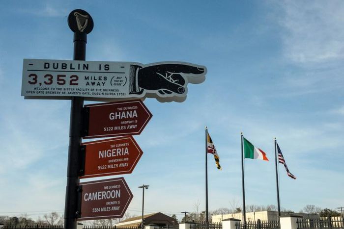 A helpful, east-pointing sign in the Guinness brewery in Baltimore reminds visitors that "Dublin is 3,352 miles away"