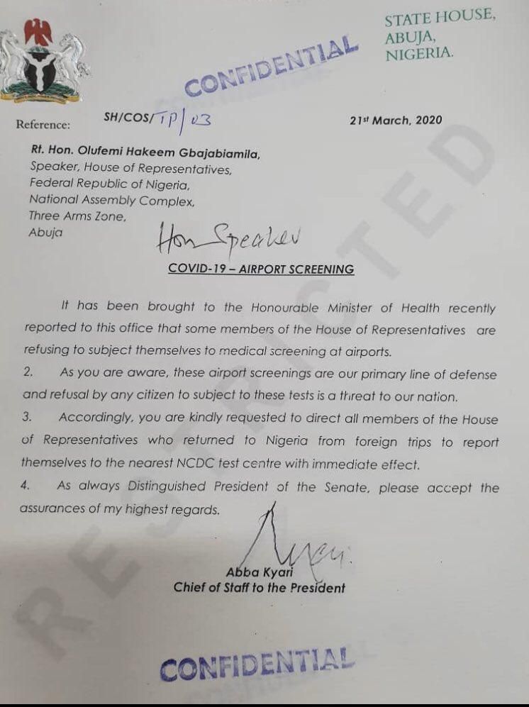 Letter signed by Abba Kyari to lawmakers (A source)