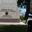 Haitian security personnel stand guard outside the US embassy in Port-au-Prince in April 2019