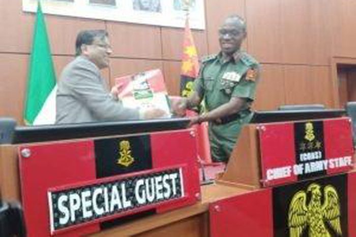 The Chief of Policy and Plans, Nigerian Army, Lt.-Gen. Lamidi Adeosun and the Deputy Director, Export, Indian Ordnance Factory Board, Prakash Agarwala, during a courtesy visit to Army Headquarters in Abuja on Tuesday 18/2/2020 (NAN/Sumaila Ogbaje)