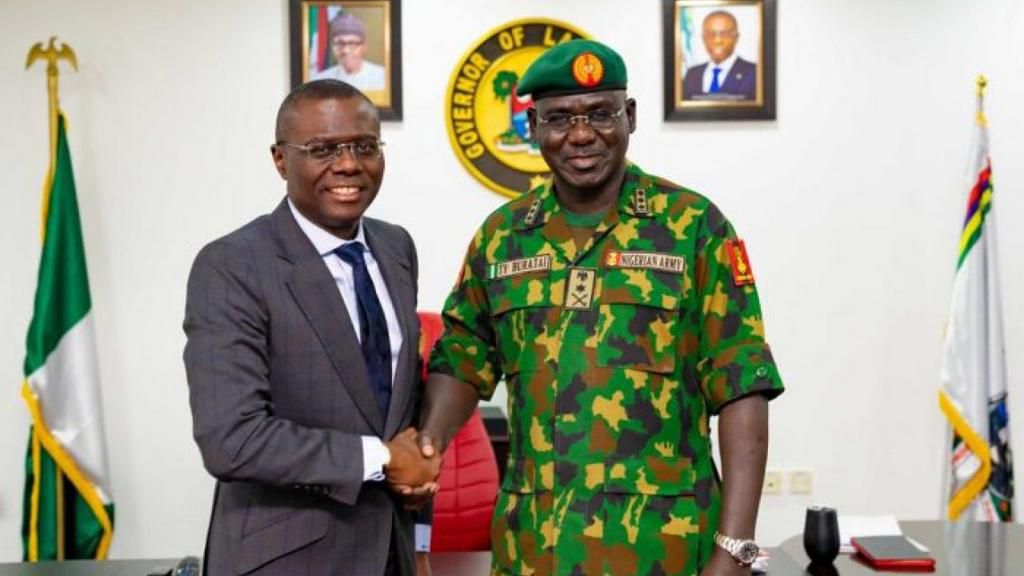 Army Chief Buratai pays a courtesy visit to Lagos Governor Sanwo-Olu in his office in 2019 (Lagos govt)