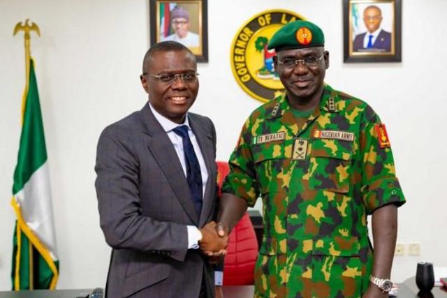 Army Chief Buratai pays a courtesy visit to Lagos Governor Sanwo-Olu in his office in 2019 (Lagos govt)