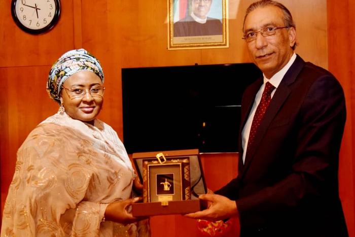 First Lady Aisha Buhari with the Saudi Arabian Ambassador to Nigeria, Amb Adnan Bostaji in Abuja on Tuesday (NAN)