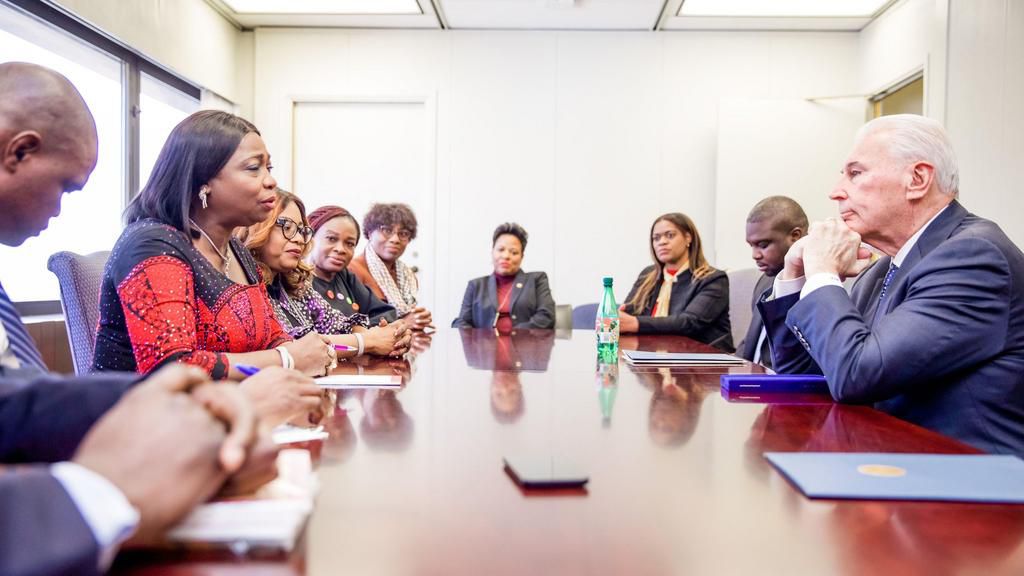 The Chairman/CEO of Nigerians in Diaspora Commission, Hon. Abike Dabiri-Erewa and the Chairman, House Committee on Diaspora, Hon Tolulope Akande-Sadipe discussing issues relating to Nigerian Diasporans with John Carney DE, Lt Governor DE, and Mike Purz...