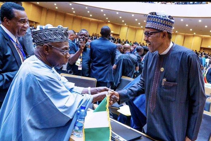Former Nigeria’s President Chief Olusegun Obasanjo and current President Muhammadu Buhari. [Twitter/@BashirAhmaad]