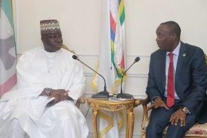 L-R: Lagos State Deputy Governor, Dr Obafemi Hamzat, presenting a souvenir to the Chairman, Senate Committee on ICT and Cybercrime, Senator Yakubu Oseni in Ikeja on Thursday