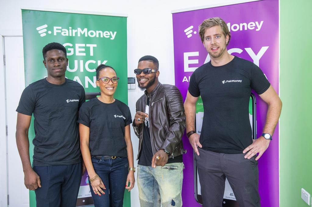 L – R: Marketing Executive, FairMoney, Ayomide Ajayi; Head of Direct Marketing, FairMoney, Seun Oratokhai; Comedian Broda Shaggi, Animashaun Samuel Perry, and General Manager Nigeria, FairMoney, Julian Flosbach, at the unveiling of the comedian as Fair...