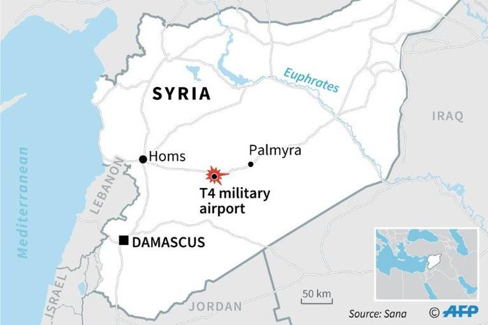 Map of Syria locating the T4 military airport, damaged by an aerial attack carried out by Israel, Syria's state news agency said.