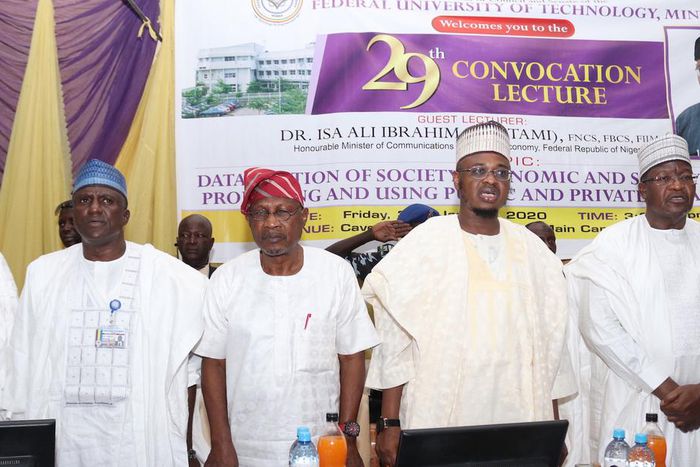 L-R: Prof. Abdullahi Bala, Vice Chancellor, Federal University of Technology, Minna (FUTM), Niger State; Prof. Femi Odekunle, Pro-Chancellor/Chairman, FUTM Council; Dr. Isa Pantami, Hon. Minister of Communications and Digital Economy;  and Prof. Umar D...