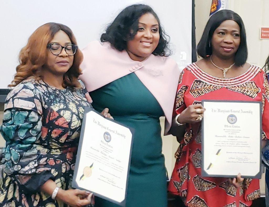 State of Maryland House of Delegate Fisher with Hon. Abike Dabiri-Erewa, Chairman & CEO Nigerians In Diaspora Commision and Hon. Tolu Sadipe, Chairman House Committee on Diaspora received State of Maryland House highest Awards. . [Twitter/@AbdulRasheed...