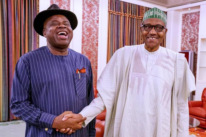 President Muhammadu Buhari meets Bayelsa state Governor, Douye Diri. [Twitter/@BashirAhmaad]