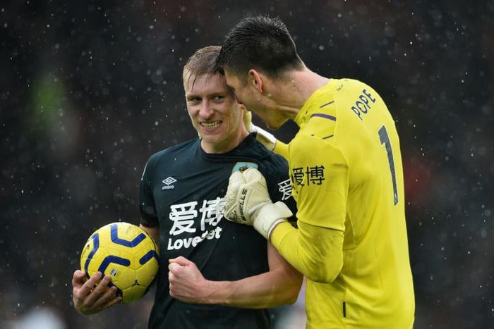 Burnley forward Matej Vydra (left) and goalkeeper Nick Pope celebrate their side's 2-1 victory against Southampton in the Premier League