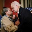 Democratic presidential candidate Joe Biden speaks to a supporter in Somersworth, New Hampshire