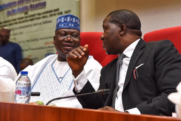 President of the Senate, Ahmad Lawan and the Chairman, Senate Committee on Judiciary, Human Rights and Legal Matters, Mr Opeyemi Bamidele. [Twitter/@SenatorOpeyemi]