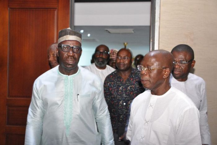 National Chairman of All Progressives Congress (APC), Comrade Adams Oshiomhole, has blamed the Nigerian media for the alleged rift between himself and Gov. Godwin Obaseki  [Facebook/Governor Godwin Obaseki]