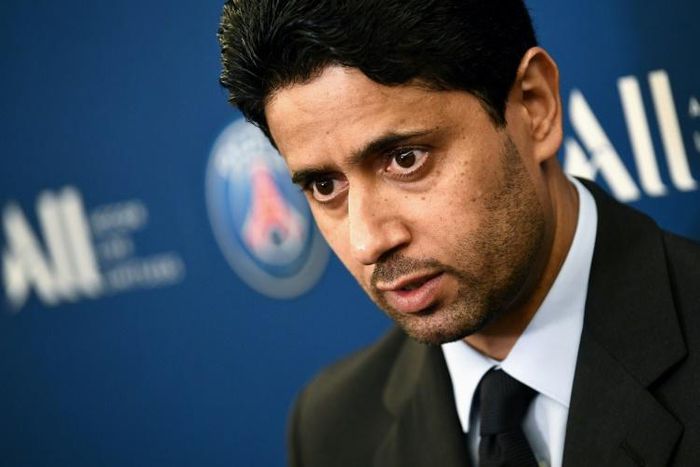 Paris Saint-Germain's Qatari president Nasser Al-Khelaifi at a press conference in February 2019