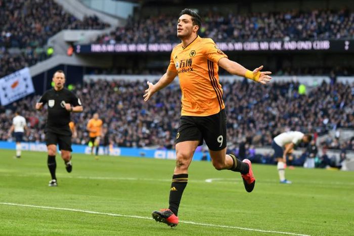 Wolves striker Raul Jimenez celebrates after scoring at Tottenham