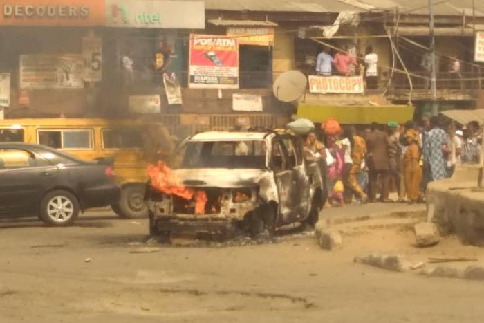 Protesting bike riders set a Lagos govt van on fire on Wednesday, February 5, 2020 (Pulse)