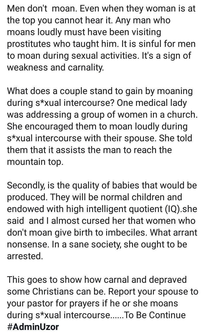 “The first time she moaned during sex, I took her to pastor; it's ungodly” – Newly married man